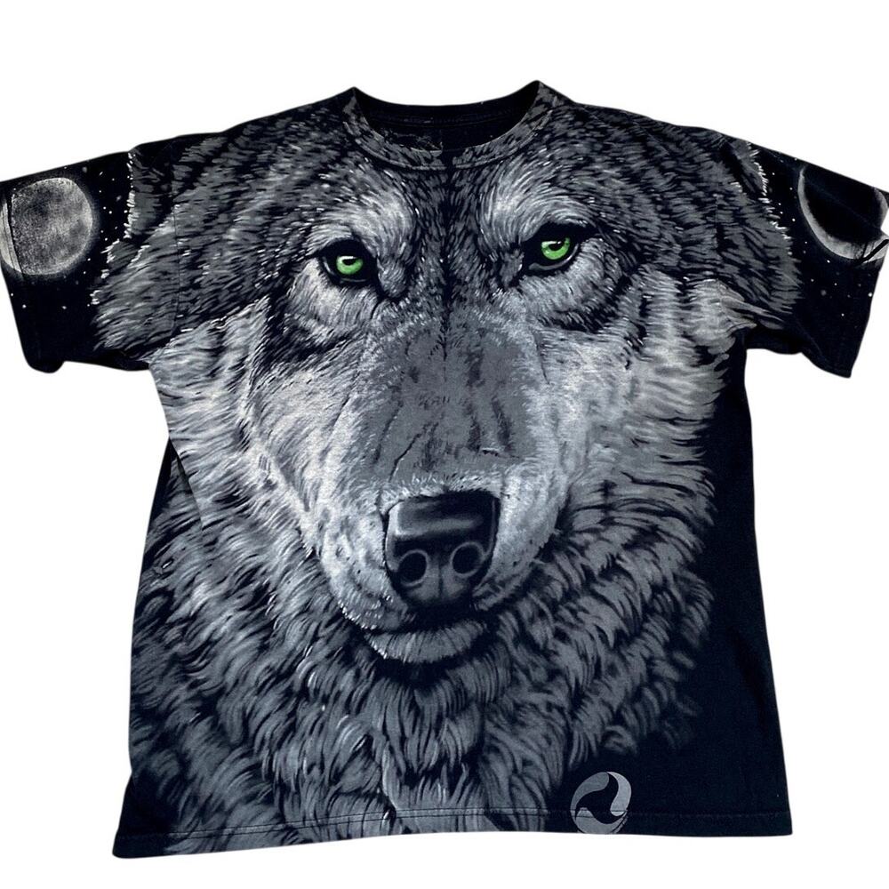Liquid Blue Wolf All Over Print Reversible T-Shirt Green Eyes Mens M AOP - Picture 2 of 6